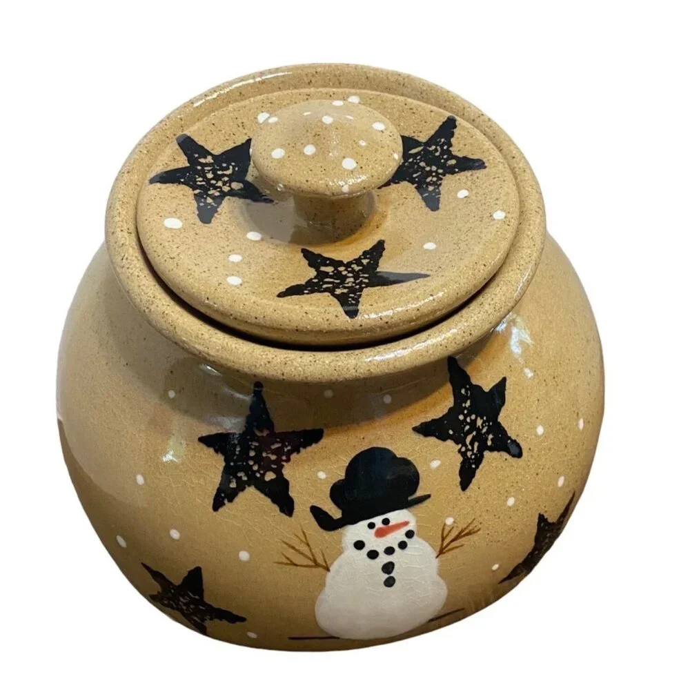 Vtg American Pottery Collectors 2002 Snowman Cookie Jar Lid Hand-Painted Ceramic